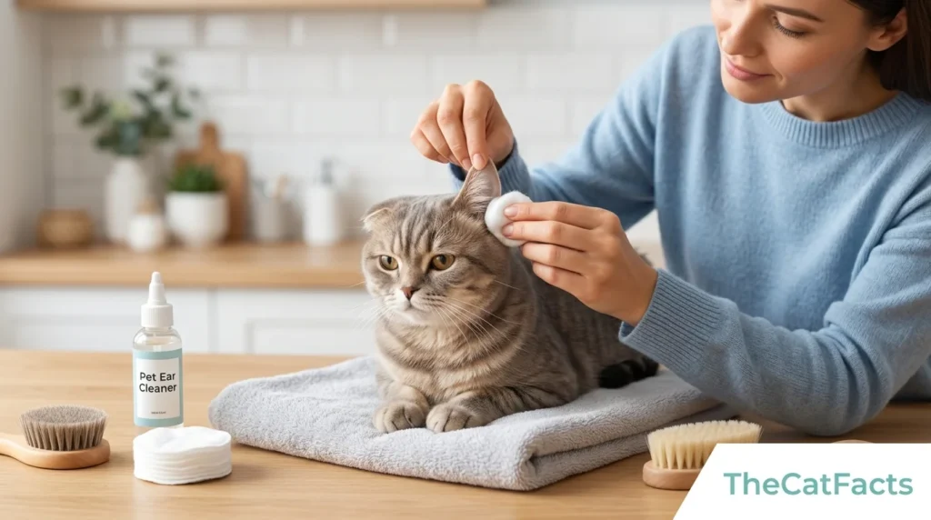 Title:How to Clean Scottish Fold Ears Safely at Home Create a high-quality blog featured image for the above article in a 16:9 aspect ratio. Design Instructions: Design the image theme, colors, background elements, and visual style according to the article’s topic and content. Make sure the featured image visually represents the main idea, mood, and subject of the article. Add a small 1-inch parallelogram directly attached to the bottom-right corner of the image, with no padding, margin, or spacing from the edges. The parallelogram must touch both the right and bottom edges exactly. Use RGB color (255, 255, 255) for the parallelogram, ensuring it blends cleanly and professionally with the overall design while maintaining a sharp, polished appearance. Use RGB colour (255, 255, 255) for the parallelogram. Position the parallelogram exactly at the corner so it blends neatly and professionally with the overall layout. Inside the parallelogram, add the website name “TheCatFacts” in the theme color text. Keep the typography clean, modern, readable, and professionally aligned within the shape. Use high-quality visuals, balanced composition, and attractive styling suitable for a professional blog featured image. Ensure the final design is modern, eye-catching, and optimised for blog and social media sharing. How to Clean Scottish Fold Ears Safely at Home