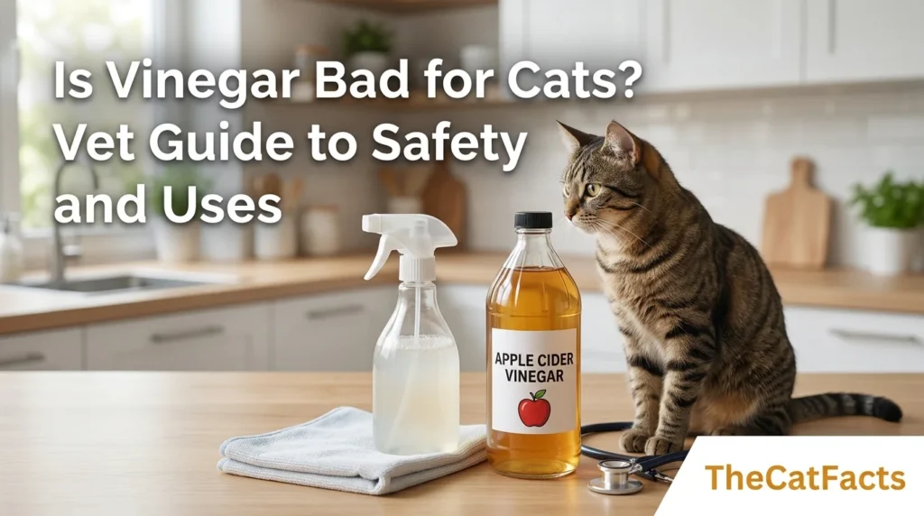 Title: Is Vinegar Bad for Cats? Vet Guide to Safety and Uses Create a high-quality blog featured image for the above article in a 16:9 aspect ratio. Design Instructions: Design the image theme, colors, background elements, and visual style according to the article’s topic and content. Make sure the featured image visually represents the main idea, mood, and subject of the article. Add a small 1-inch parallelogram directly attached to the bottom-right corner of the image, with no padding, margin, or spacing from the edges. The parallelogram must touch both the right and bottom edges exactly. Use RGB color (255, 255, 255) for the parallelogram, ensuring it blends cleanly and professionally with the overall design while maintaining a sharp, polished appearance. Use RGB colour (255, 255, 255) for the parallelogram. Position the parallelogram exactly at the corner so it blends neatly and professionally with the overall layout. Inside the parallelogram, add the website name “TheCatFacts” in the theme color text. Keep the typography clean, modern, readable, and professionally aligned within the shape. Use high-quality visuals, balanced composition, and attractive styling suitable for a professional blog featured image. Ensure the final design is modern, eye-catching, and optimised for blog and social media sharing. Is Vinegar Bad for Cats? Vet Guide to Safety and Uses