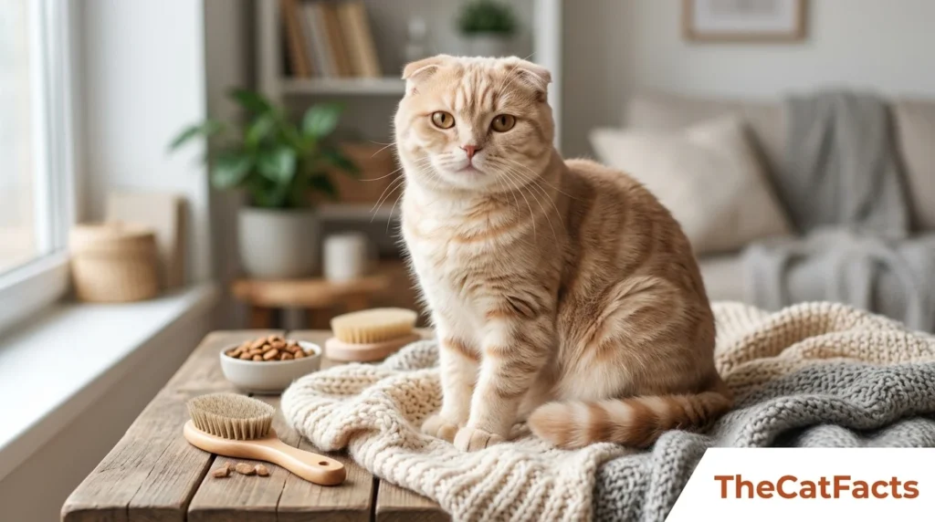 Title: Scottish Fold Cats Care and Grooming Guide for Healthy Folds Create a high-quality blog featured image for the above article in a 16:9 aspect ratio. Design Instructions: Design the image theme, colors, background elements, and visual style according to the article’s topic and content. Make sure the featured image visually represents the main idea, mood, and subject of the article. Add a small 1-inch parallelogram directly attached to the bottom-right corner of the image, with no padding, margin, or spacing from the edges. The parallelogram must touch both the right and bottom edges exactly. Use RGB color (255, 255, 255) for the parallelogram, ensuring it blends cleanly and professionally with the overall design while maintaining a sharp, polished appearance. Use RGB colour (255, 255, 255) for the parallelogram. Position the parallelogram exactly at the corner so it blends neatly and professionally with the overall layout. Inside the parallelogram, add the website name “TheCatFacts” in the theme color text. Keep the typography clean, modern, readable, and professionally aligned within the shape. Use high-quality visuals, balanced composition, and attractive styling suitable for a professional blog featured image. Ensure the final design is modern, eye-catching, and optimised for blog and social media sharing. Scottish Fold Cats Care and Grooming Guide for Healthy Folds